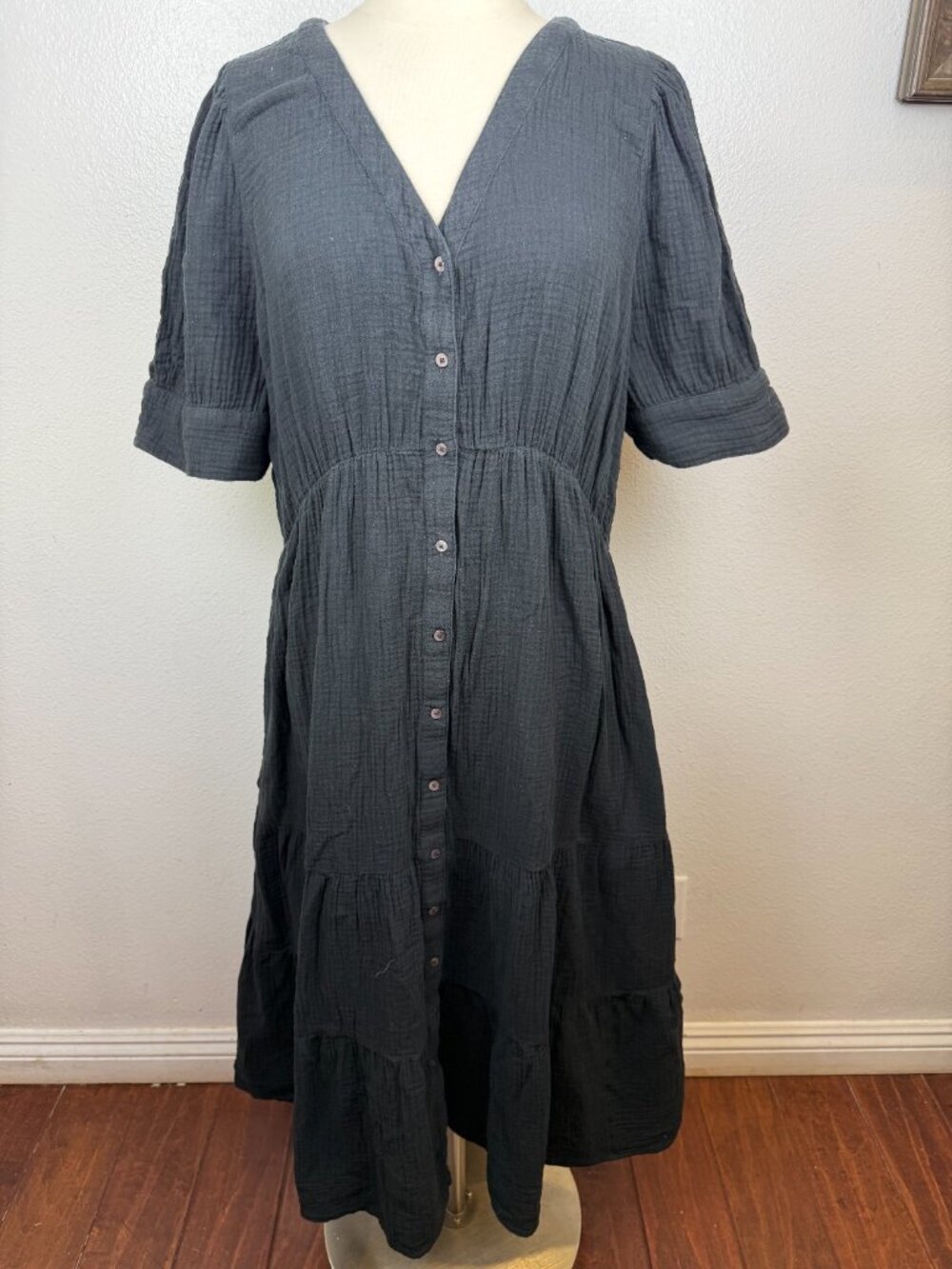 Madewell 100% Cotton Gauze Lightspun Button Front Tiered Midi Dress Size 16W - Picture 2 of 7